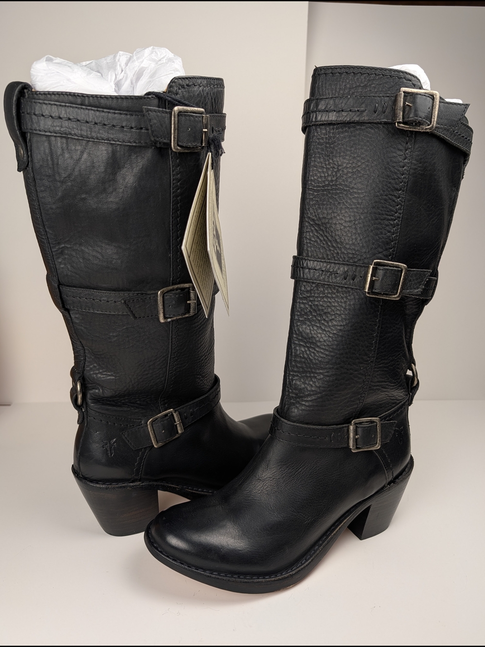 Frye Carmen Leather Triple-Buckle Boots, Womens 6.5 Black, New Without Box 77852